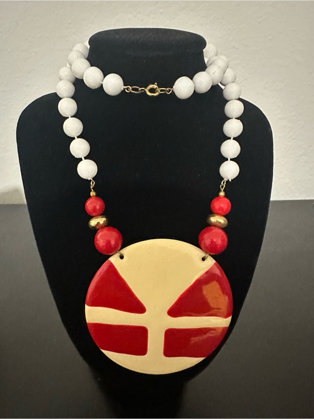 Handcrafted White and Red Statement Pendant Necklace